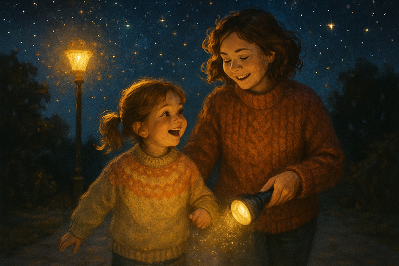 arent and child on a nighttime flashlig